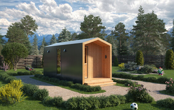 3D image of a modern small wooden house in the Scandinavian style barnhouse, with a metal roof in the middle of the forest. Against the backdrop of a pine and spruce forest, beautiful sky and mountain