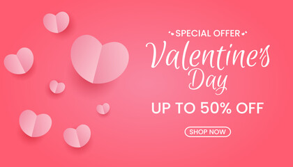 Special offer Valentines Day sale up to 50% off with hearts paper cut style on pink background