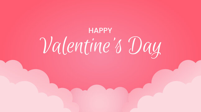 Happy Valentine's day lettering typography with clouds on pink gradient background