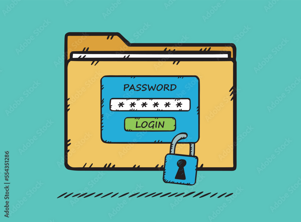 Poster folder with files, protected by padlock and login. to log in you need to enter a password. vector ha