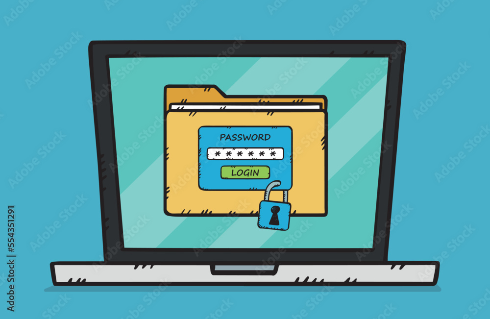 Poster graphic of a laptop on the screen of which displays a folder with files protected by a padlock and a