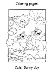 Cute kittens with a bird kids coloring book page