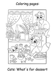Cute kittens eat treats kids coloring book page