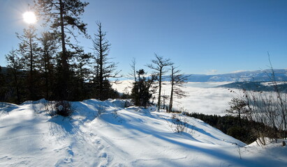 View from a peak overlooking a mist filled valley on a bright winter day.