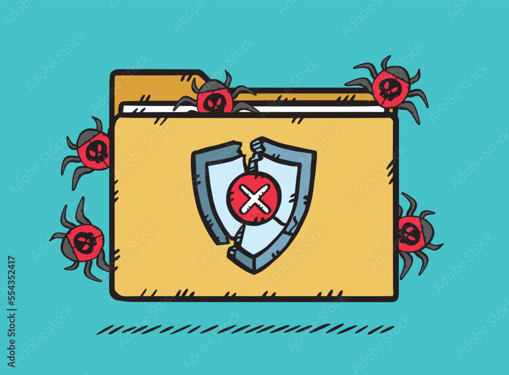 Poster graphics infected foldeu by computer bugs. the antivirus firewall has been destroyed and the virus g