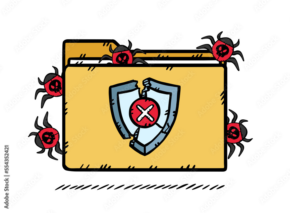Aufkleber graphics infected foldeu by computer bugs. the antivirus firewall has been destroyed and the virus g
