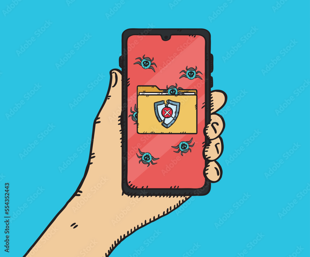 Aufkleber a hand holding a phone on the screen of which displays a virus-infected folder. computer bugs escape