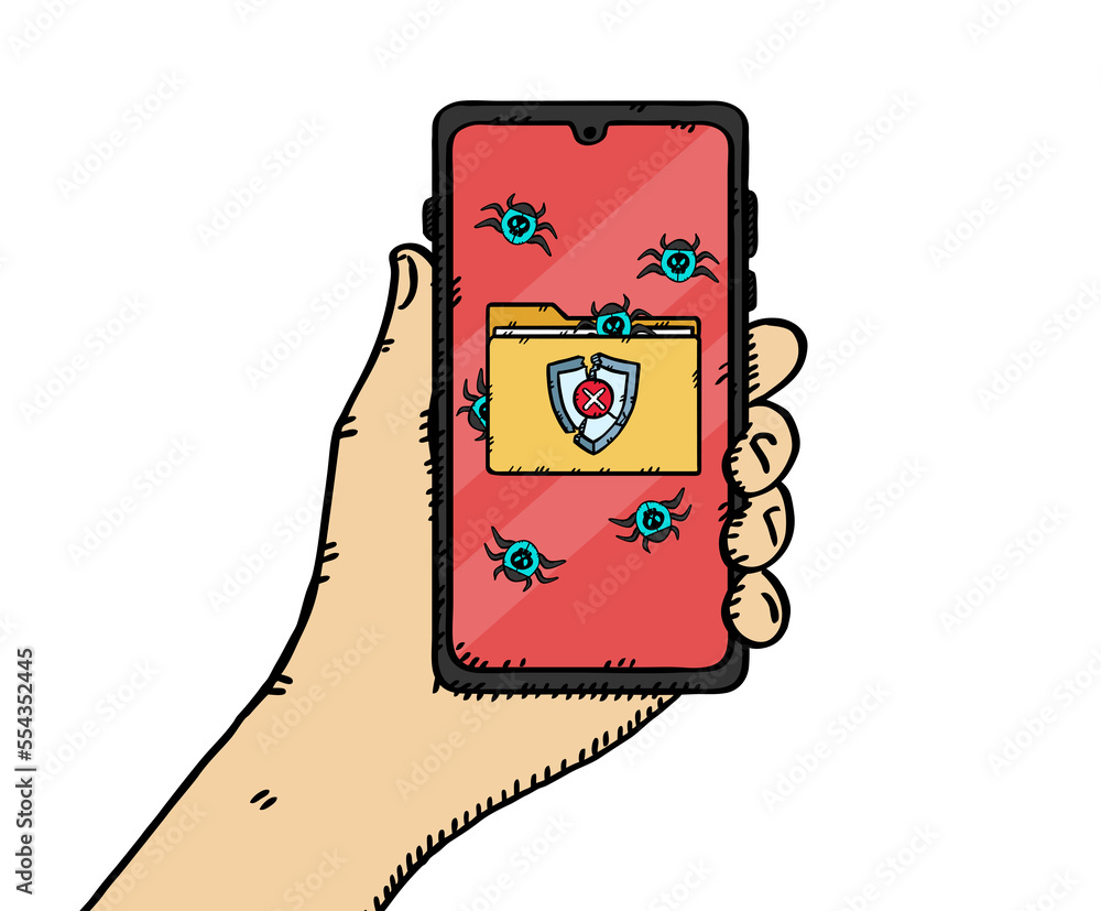 Aufkleber a hand holding a phone on the screen of which displays a virus-infected folder. computer bugs escape