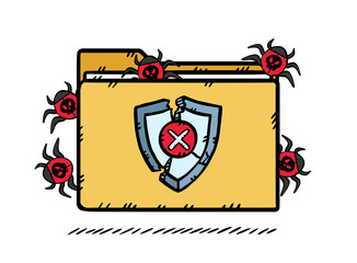 Graphics infected foldeu by computer bugs. The antivirus firewall has been destroyed and the virus gets out of the folder. Hand drawn vector illustration.