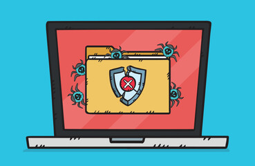 Graphic of a laptop on the screen of which displays a folder infected by viruses. Computer bugs escape from the folder and infect the device's system. Hand drawn vector illustration.