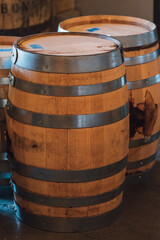 15 gallon American Oak Bourbon whiskey Barrels at a distillery