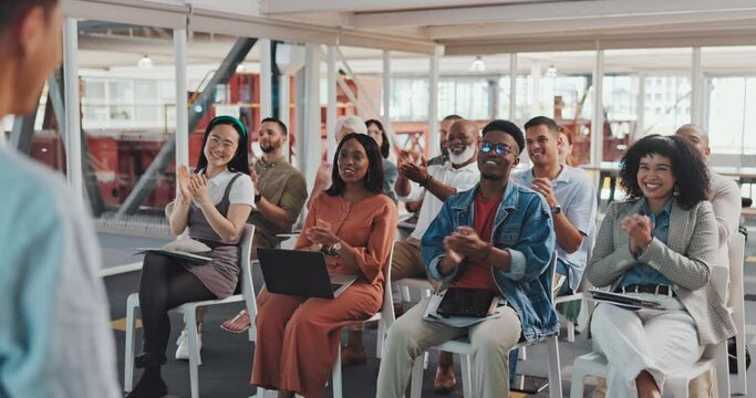 Business people, mentor and applause for presentation, coaching or corporate training in workshop seminar. Group of creative employee designers clapping for speaker, meeting or startup at the office