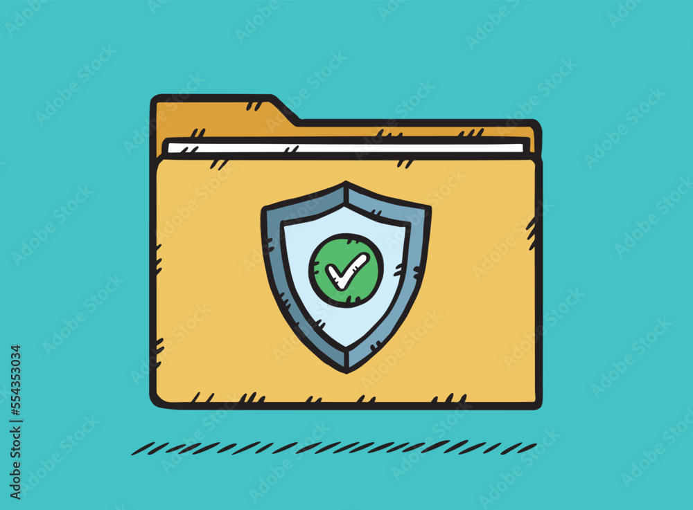 Poster antivirus shield graphics folder. antivirus protects your data from computer viruses. vector hand dr