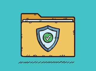 Antivirus shield graphics folder. Antivirus protects your data from computer viruses. Vector hand drawn illustration.
