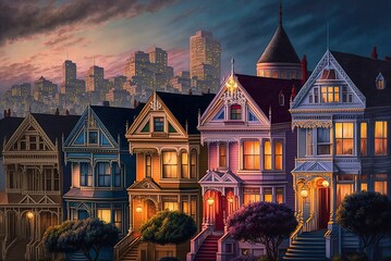In the midst of the gleaming nighttime sky, the Painted Ladies of San Francisco, California, Generative AI - obrazy, fototapety, plakaty