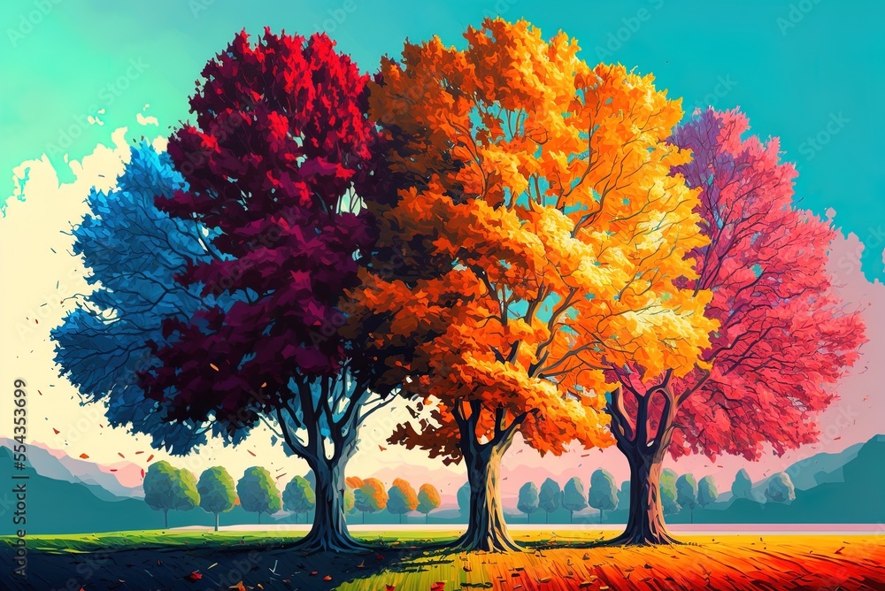 Poster leafy trees of many hues along the playing pitch generative ai
