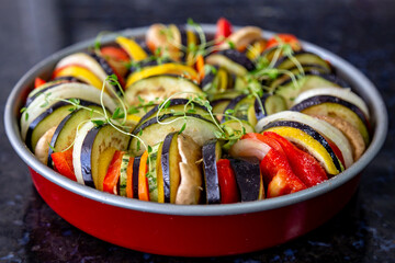 Traditional ratatouille in selective focus with depth blur in closeup