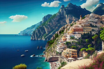 Amazing Amalfi Coast in Panoramic View. Specifically, the Italian town of Positano Generative AI