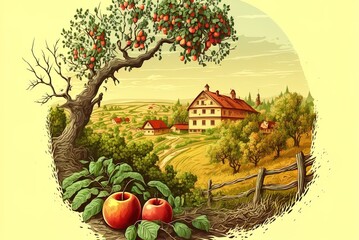 Image shows a rural setting, with a settlement and an apple tree branch prominently shown. graphics. Generative AI