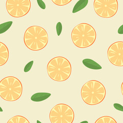 Seamless pattern with orange halves and leaves on a light background in vector