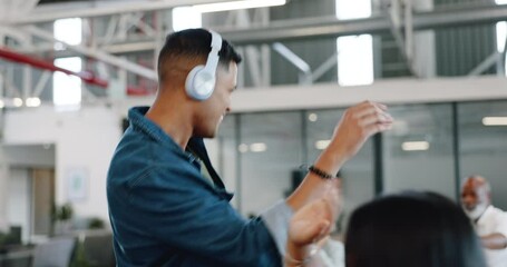 Music, high five and dance with a business man enjoying work and feeling positive with motivation for success. Goal, smile and happy with a young male employee dancing in his office while working