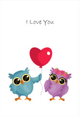 Vector Happy Valentine's day card with two owls in love with heart shape balloon and lettering I Love You on white background