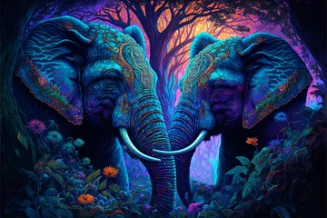 Crédence de cuisine en verre imprimé Mandala Psychedelic Elephants Generative AI