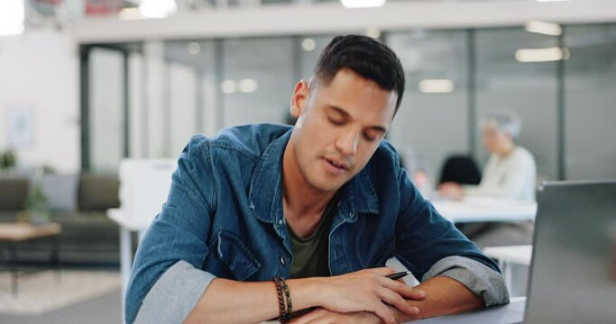 Businessman, yawning or desk sleeping in modern office, digital marketing startup or advertising branding company. Tired, fatigue or exhausted creative designer and laptop technology or bored burnout