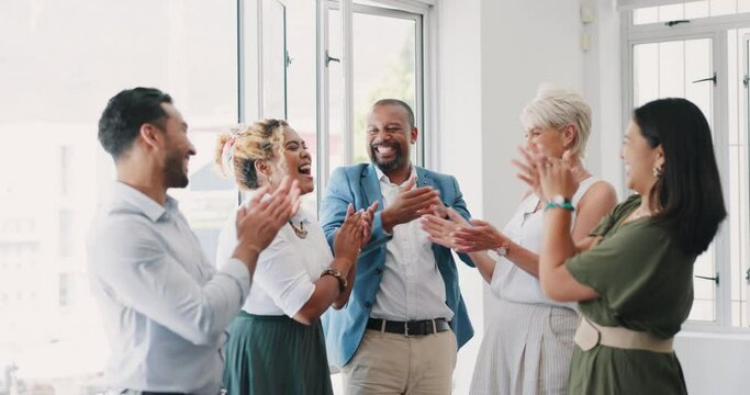 Success smile, high five or business people in meeting applause for company growth, partnership deal or target review. Diversity, motivation or teamwork for celebration, cheering for goal achievement