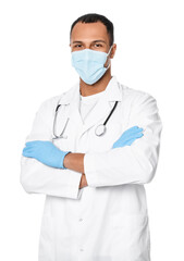 Doctor or medical assistant (male nurse) with protective mask and stethoscope on white background