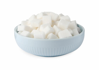 Fototapeta na wymiar Bowl of refined sugar cubes isolated on white