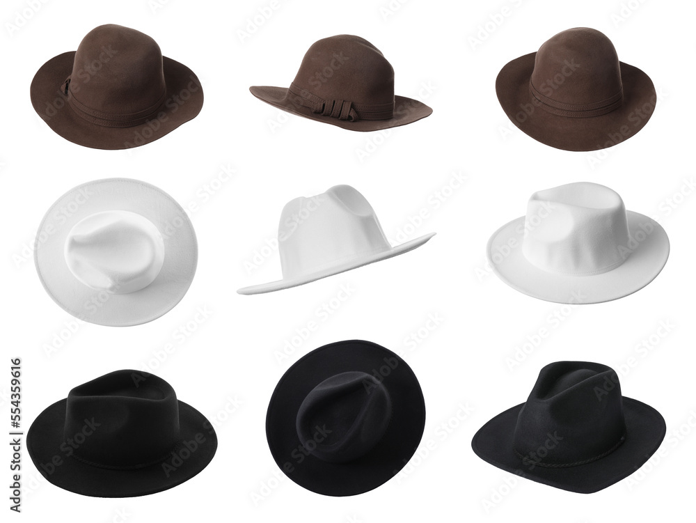 Sticker Set with different stylish hats on white background