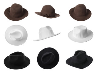 Set with different stylish hats on white background