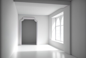 White, empty space without a door or a window. The inside of the recently restored space. Generative AI