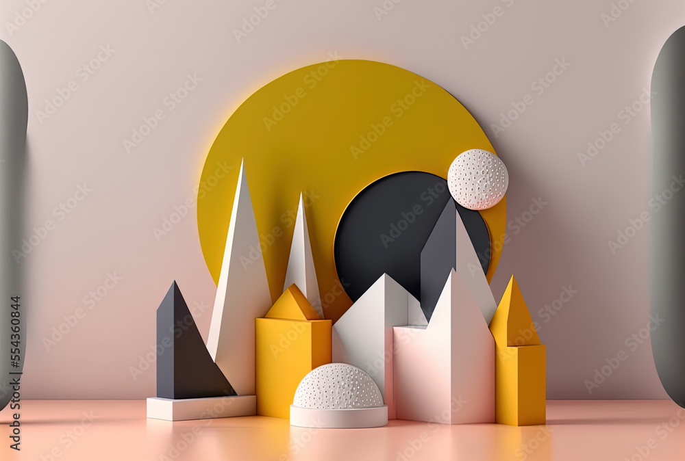 Poster geometrical landscape in an abstract minimalist style. podium with no content and a plain backdrop. 