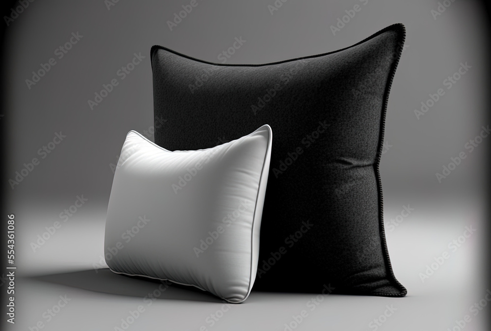 Poster side view of a mockup stand holding a blank black rectangular and square pillow. empty, mock up deco