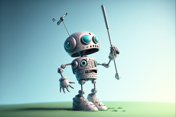 A lone robot in humanoid shape standing outside attempting to come to grips with playing golf, but not quite understanding or succeeding. generative ai