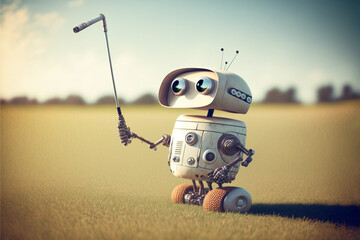 A lone robot in humanoid shape standing outside attempting to come to grips with playing golf, but not quite understanding or succeeding. generative ai