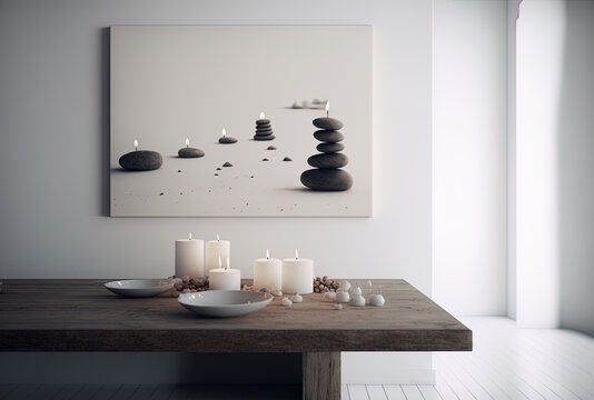 zen vibe, white interior architecture, overexposed minimalist living room, wooden antique table top or shelf with candles and stones,. Generative AI