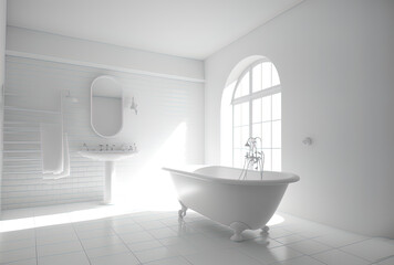 Naklejka na ściany i meble Interior of a bathroom in a white room with a bathtub and a white wall. Generative AI