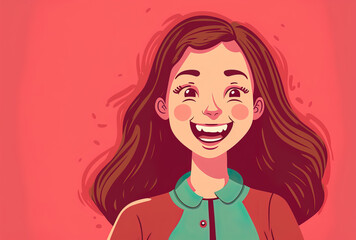Illustration of a cheerful girl grinning. Standing girl shown in close up cartoon on a pink backdrop. Ui ux avatar. Generative AI