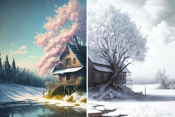 Spring - Winter contrasts on rural landscapes and buildings with half the image showing summer and the other half showing winter. generative ai