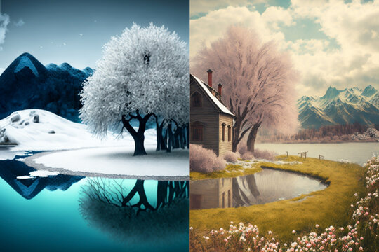 Winter - Autumn contrasts on rural landscapes and buildings with half the image showing summer and the other half showing winter. generative ai