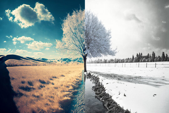 Summer - Winter contrasts on rural landscapes and buildings with half the image showing summer and the other half showing winter. generative ai