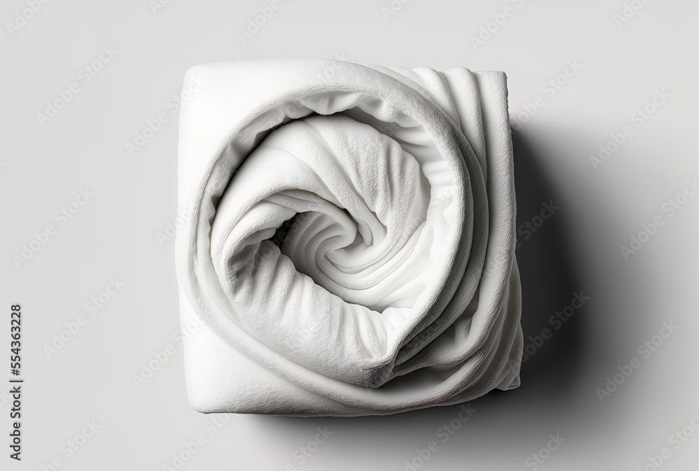 Poster white background with a softly folded towel in top view. generative ai