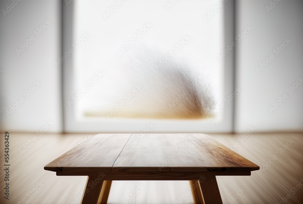 Poster a white room with an abstract blurry background serves as the backdrop for an empty wooden table wit