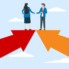 business man and woman handshake on growth arrow join connection agree to work together. Teamwork partnership, team collaboration, deal or negotiation, collaboration concept, work together for success