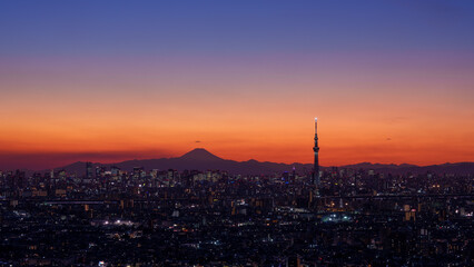 Cityscape of Tokyo with Mt. Fuji and Tokyo Skytree silhouette at dusk.
