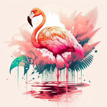 Tropical flamingo with colorful background. Vector illustration. Generative AI © Ekstra