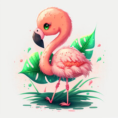 Tropical flamingo. Vector illustration. Cartoon. Portrait. Generative AI